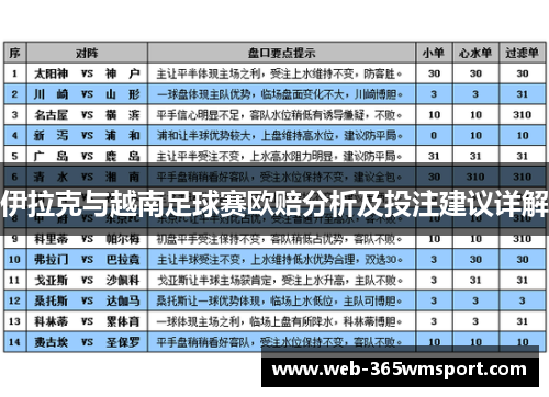 伊拉克与越南足球赛欧赔分析及投注建议详解